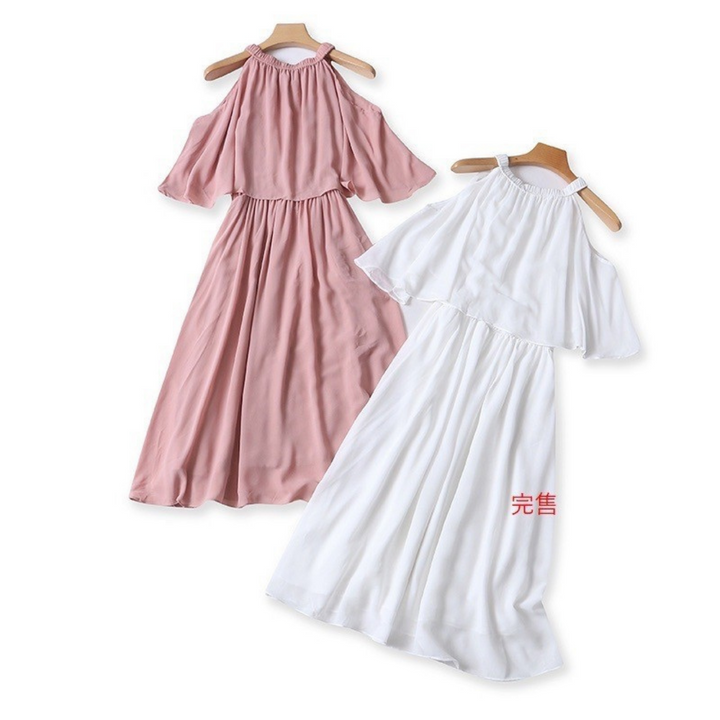 仙女露肩薄紗洋裝_粉  A Line Chiffon Dress_Pink